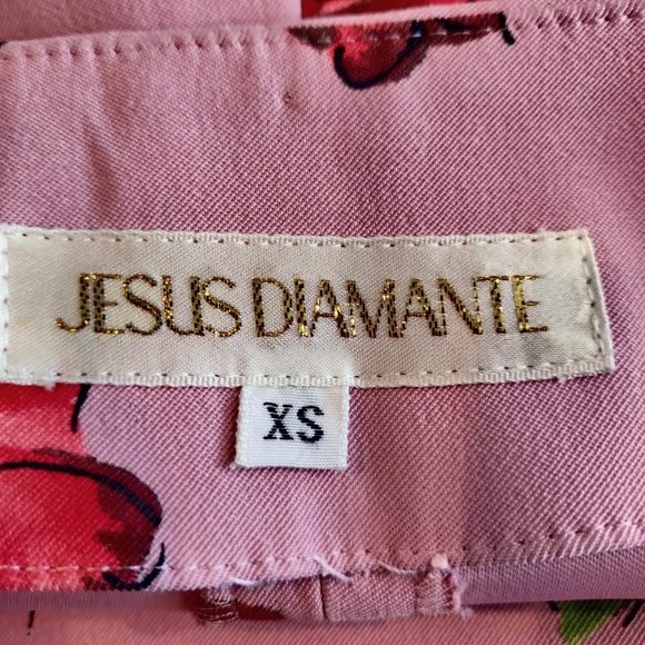 Jesus Diamante Womens Pink Allover Red Roses Back Slit Cuff Straight Pants XS - Picture 10 of 11